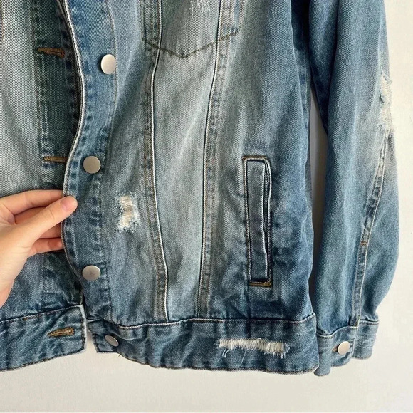 Hand Painted Blue Planet Jean Jacket Distressed Denim Outerwear One of a Kind - Picture 7 of 11